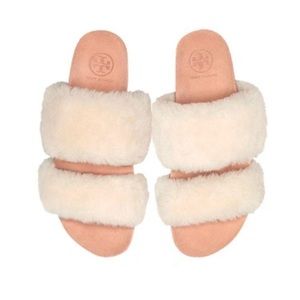 Tory Burch Sheldon Shearling Two-Band Slide in Neutral